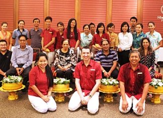 Management, staff and associates of the Sheraton Pattaya Resort participated in the Songkran celebrations to pray and present alms to monks and to gently pour fragrant lustral water adorned with roses and jasmine flowers over the Buddha image. The staff also poured water on the hands of revered elders such as Om Parkash Bajaj, the hotel’s owner (second row, left), Michael Delargy, General Manager (centre front) and Rojjana Franzke, Executive Assistant Manager (left front) who in turn gave them their blessings.